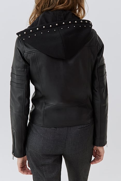 BLACK LEATHER BIKER-STYLE JACKET, ZIPPED FACING BLACK 2