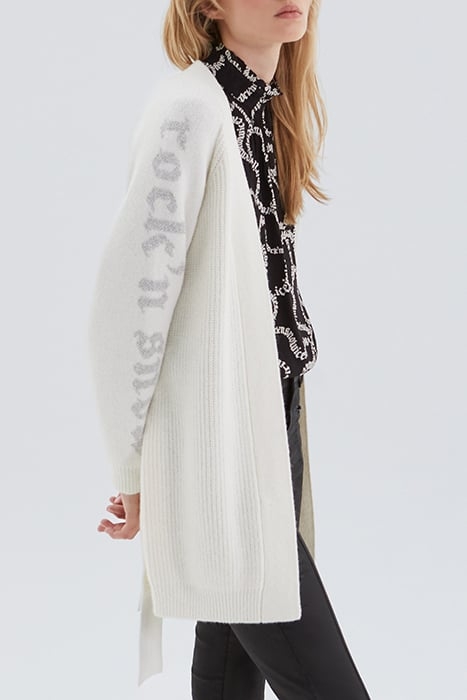 ECRU KNIT BELTED CARDIGAN WITH SLOGANS ON SLEEVES IVORY 4