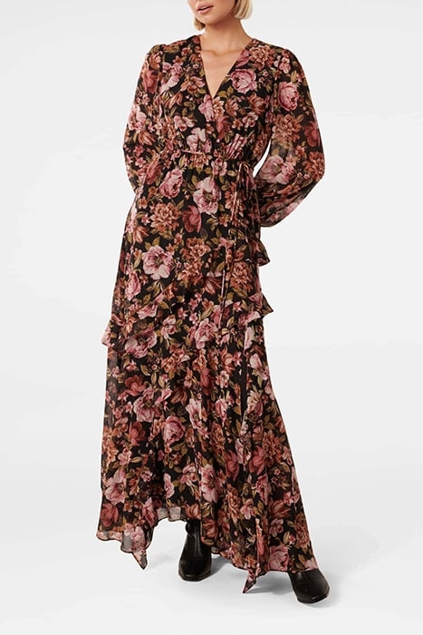 MARIA RUFFLE MIDI DRESS BLACK DELPHI FLORAL 1