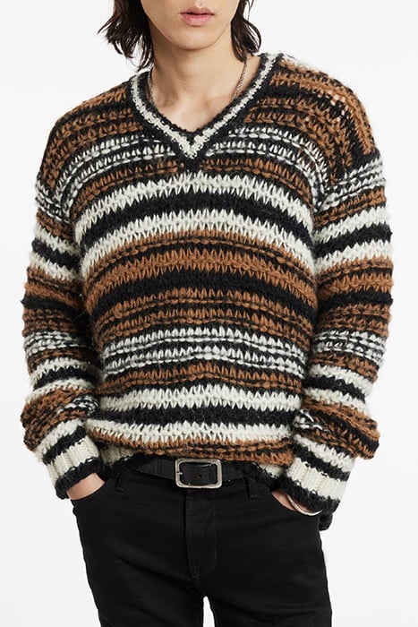 ANGICOS V NECK WITH TEXTURE STITCH STRIP CARAMEL 1