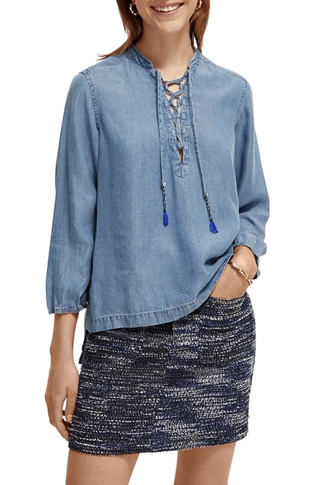 LACE UP DENIM WASHED INDIGO TENCEL SHIRT INDIGO 1