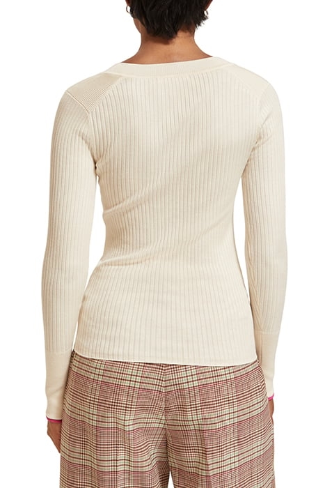 SKINNY RIB V NECK PULLOVER ECRU MELANGE 2
