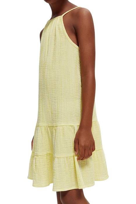GIRLS CRINKLE COTTON A-LINE DRESS YELLOW WHITE STRIPE 6