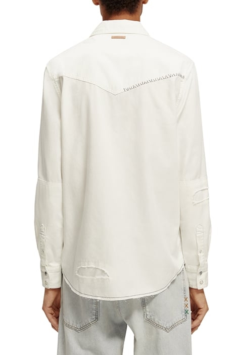 WASHED DENIM WESTERN SHIRT WITH DAMAGES IN SLIM FIT OFF WHIT 2