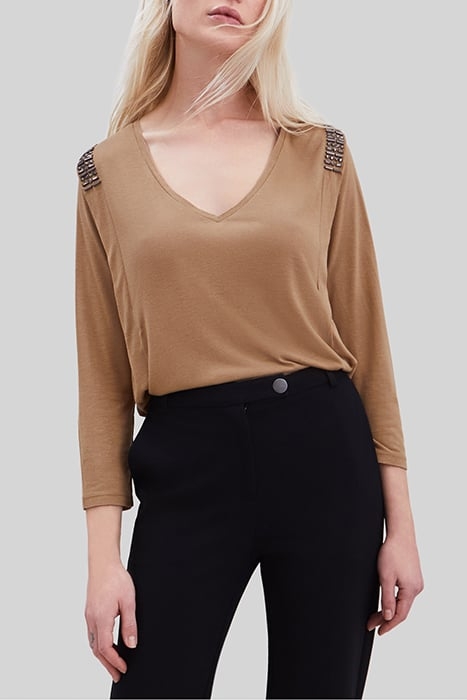 CAMEL LUREX T-SHIRT WITH BEADED SHOULDERS 1