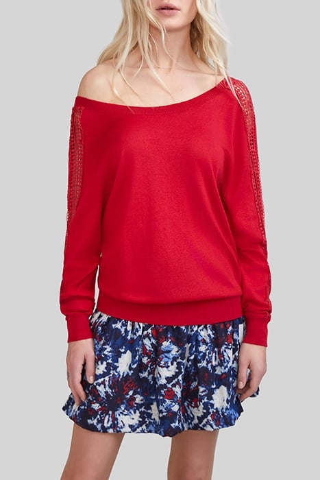 RED KNIT CARDIGAN WITH GUIPURE LACE SLEEVES 1