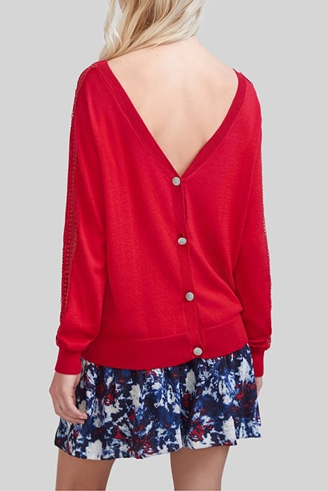 RED KNIT CARDIGAN WITH GUIPURE LACE SLEEVES 2