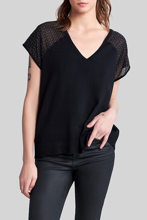 BLACK KNIT SHORT SLEEVE T-SHIRT WITH DIAMANTÉ 1
