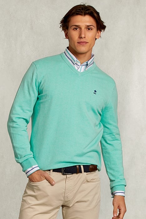 NORMAL FIT BASIC COTTON V-NECK PULLOVER GIMLET MIX GREEN 1
