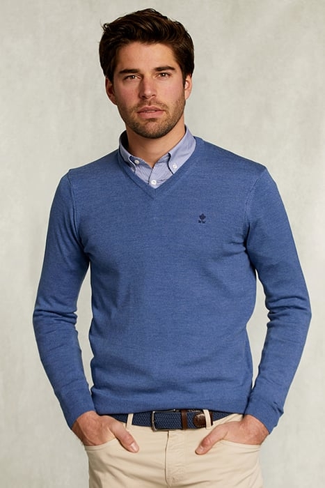 CUSTOM FIT MERINO V-NECK PULLOVER ANON BLUE MIX BLUE 1