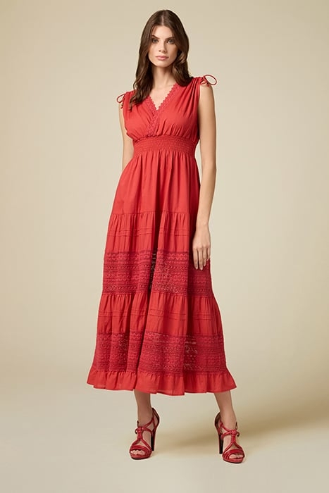 LONG DRESS WITH LACE INSERTS RED 1