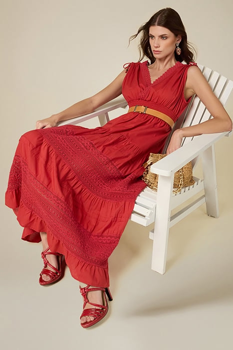 LONG DRESS WITH LACE INSERTS RED 4