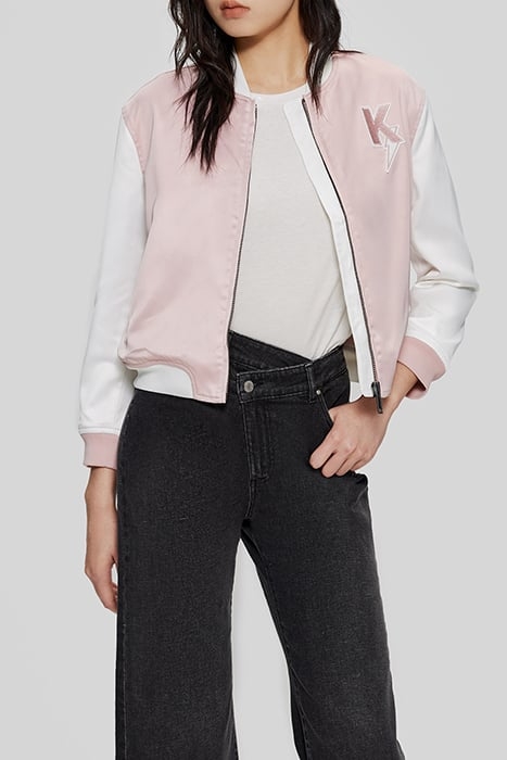 PINK/WHITE VARSITY JACKET, BADGES AND EMBROIDERY 1