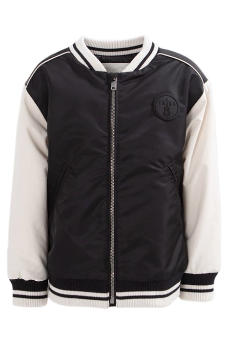 BOYS’ BLACK VARSITY JACKET, ECRU SLEEVES, EMBROIDERED BACK 1