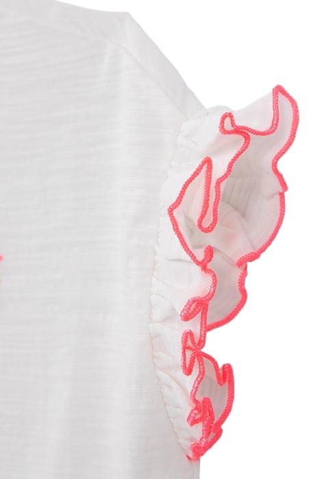 GIRLS’ WHITE ORGANIC COTTON T-SHIRT, NEON PINK BIRD IMAGE 4