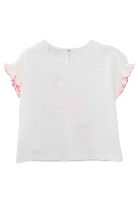 GIRLS’ WHITE ORGANIC COTTON T-SHIRT, NEON PINK BIRD IMAGE 2