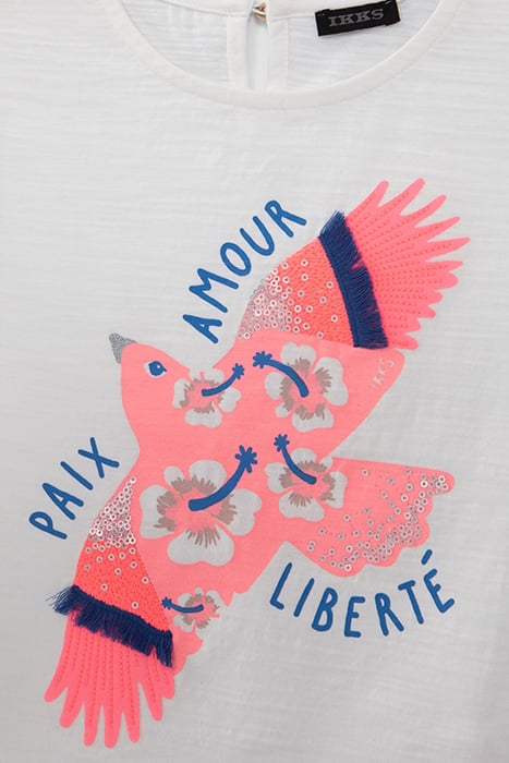 GIRLS’ WHITE ORGANIC COTTON T-SHIRT, NEON PINK BIRD IMAGE 6