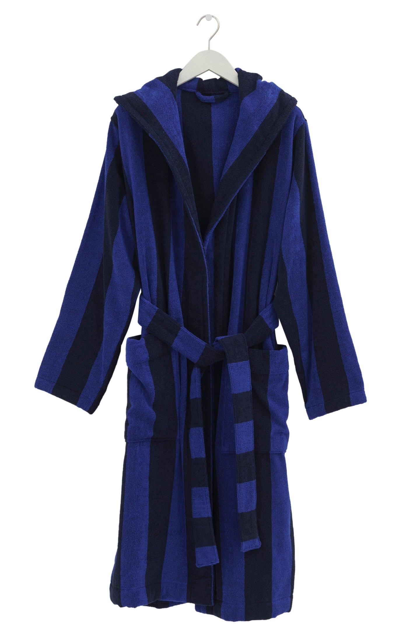 UNISEX HOODED BATHROBE NAVY BLOCKSTRIPES 1