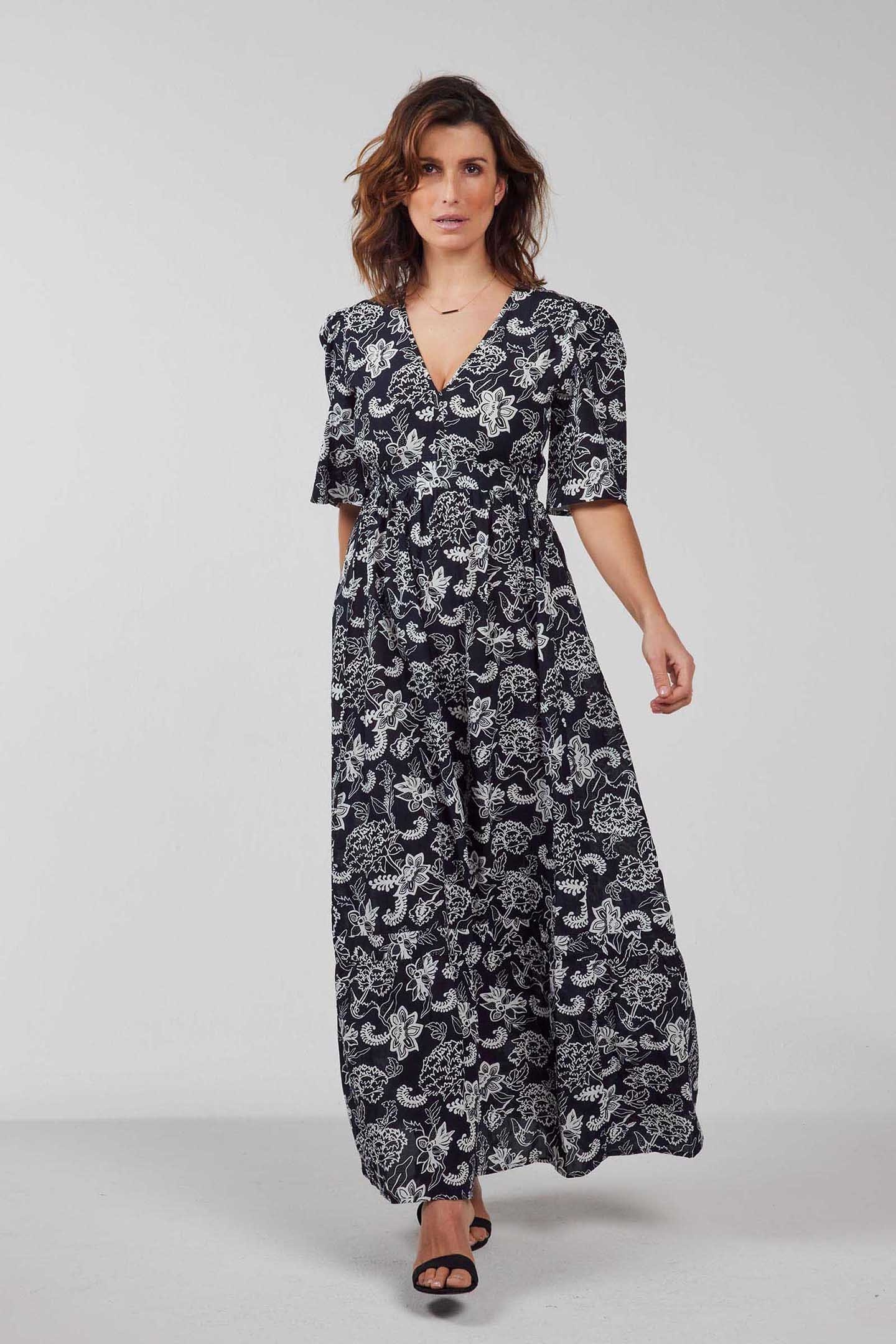 MAXI MAXI DRESS BUENO DARKBLUE WITH WHITE SENNA PRINT 1