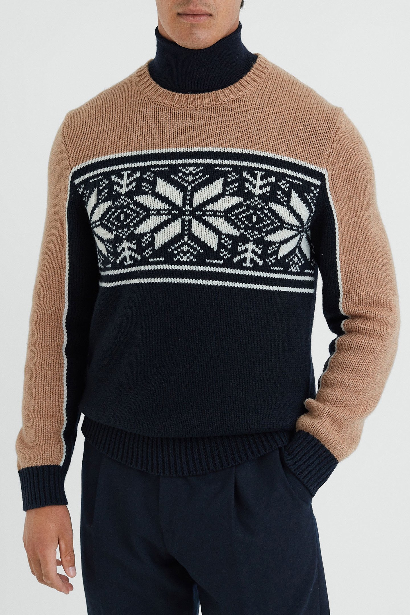 LS CREW FAIRISLE PANEL JUMPER NAVY/CAMEL 1