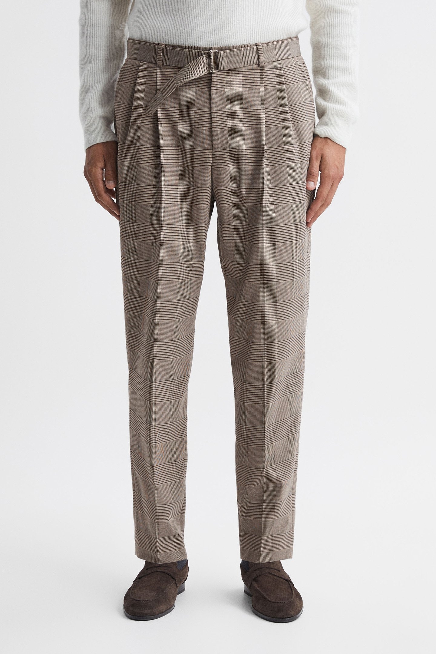 PRICE OF WALES CHECK SELF TIE BELTED TROUSER BROWN 1