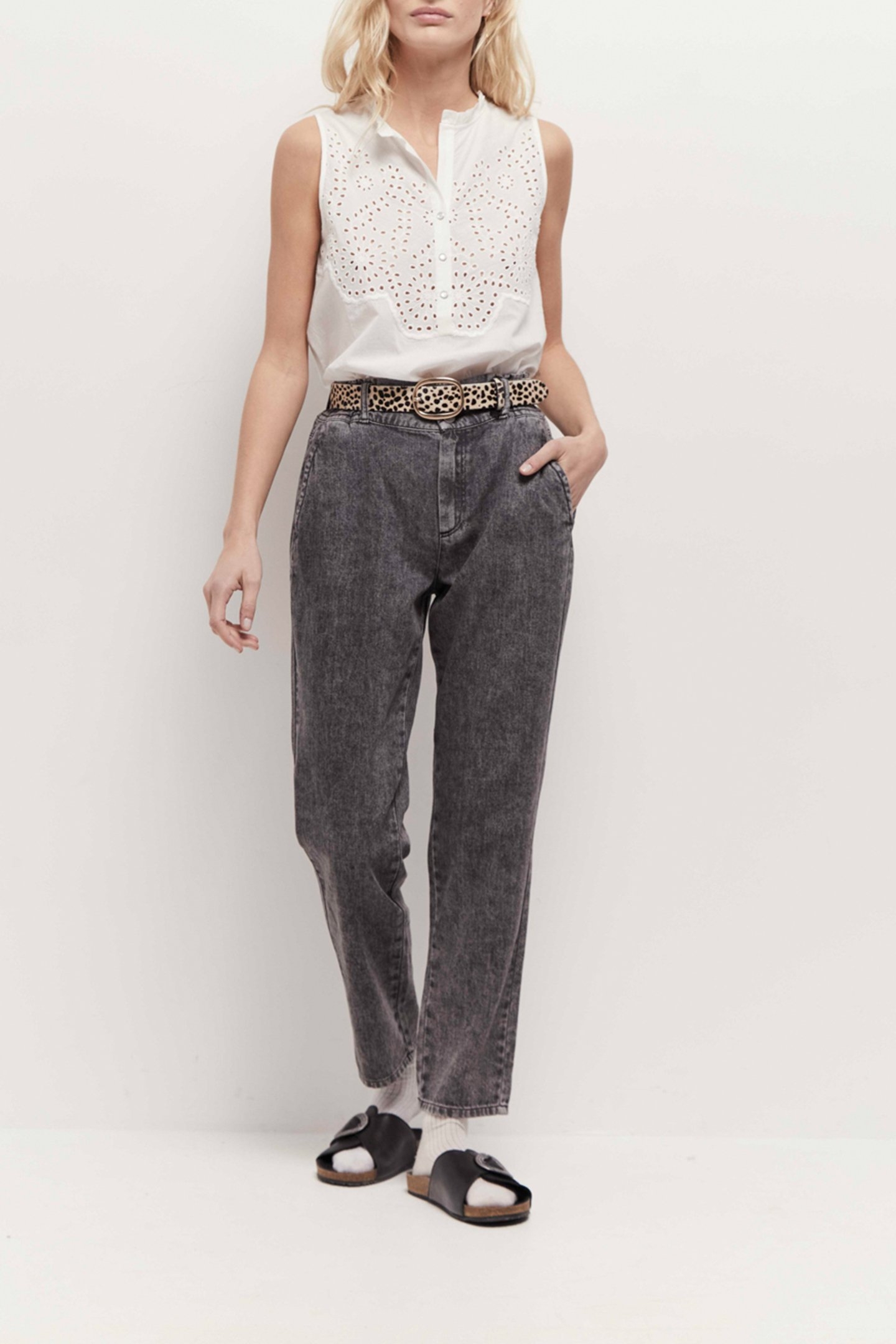 CANDIE - ECRU TOP WITH COLLAR AND EMBROIDERED TRIM OFF-WHITE 2