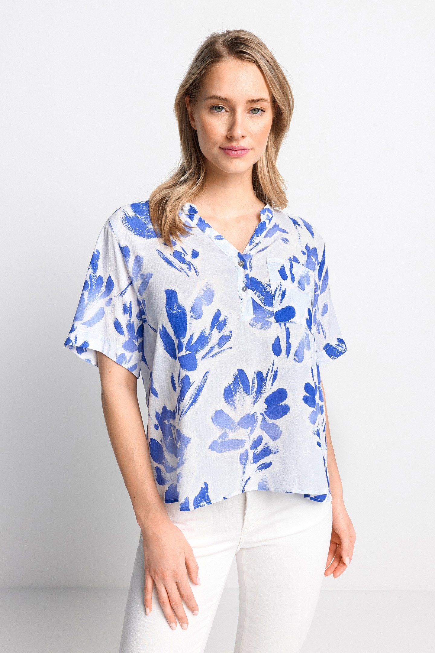 PRINTED V-NECK BLOUSE COTTON BLUE 1