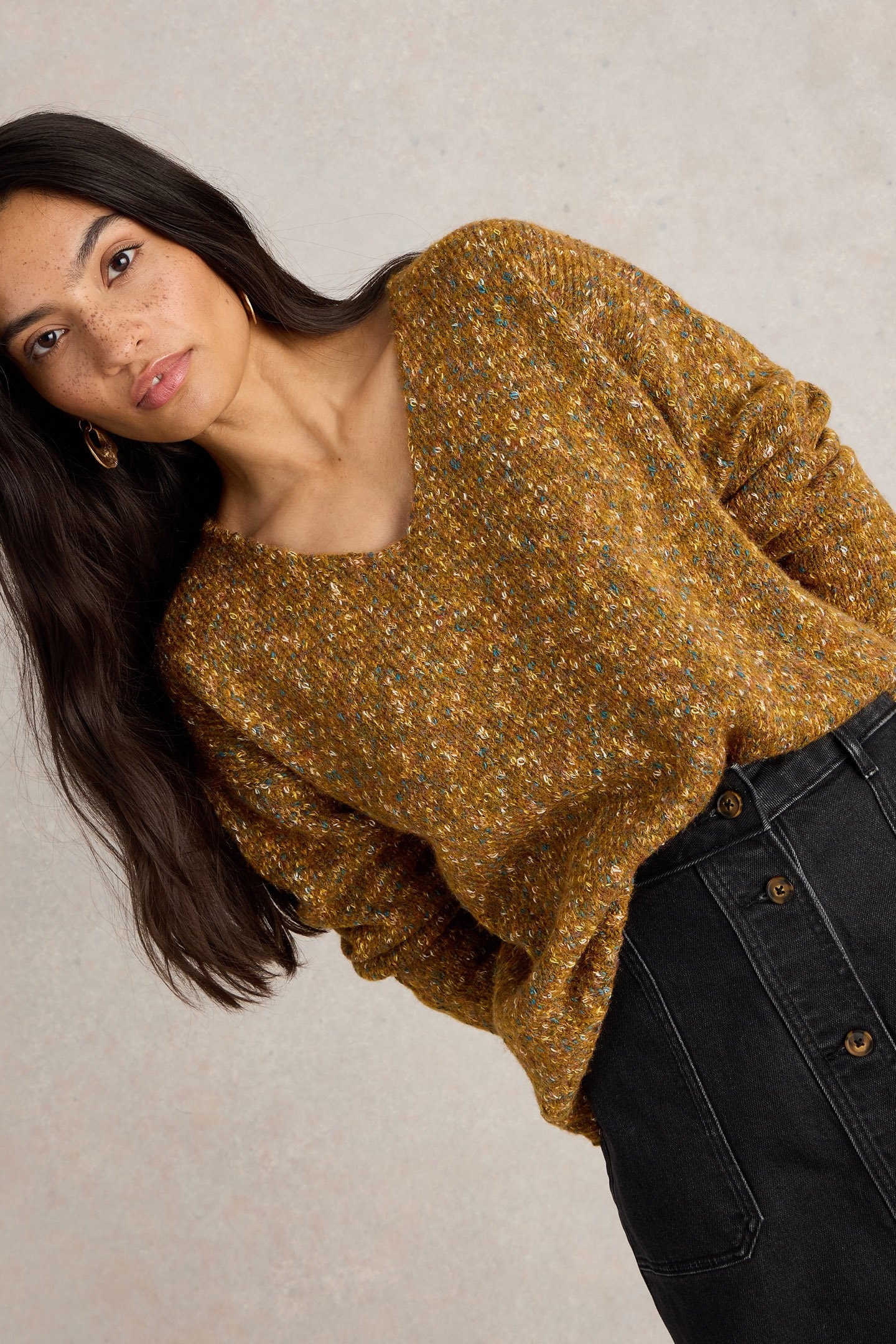 TEXTURED V NECK JUMPER BROWN MULTI 4