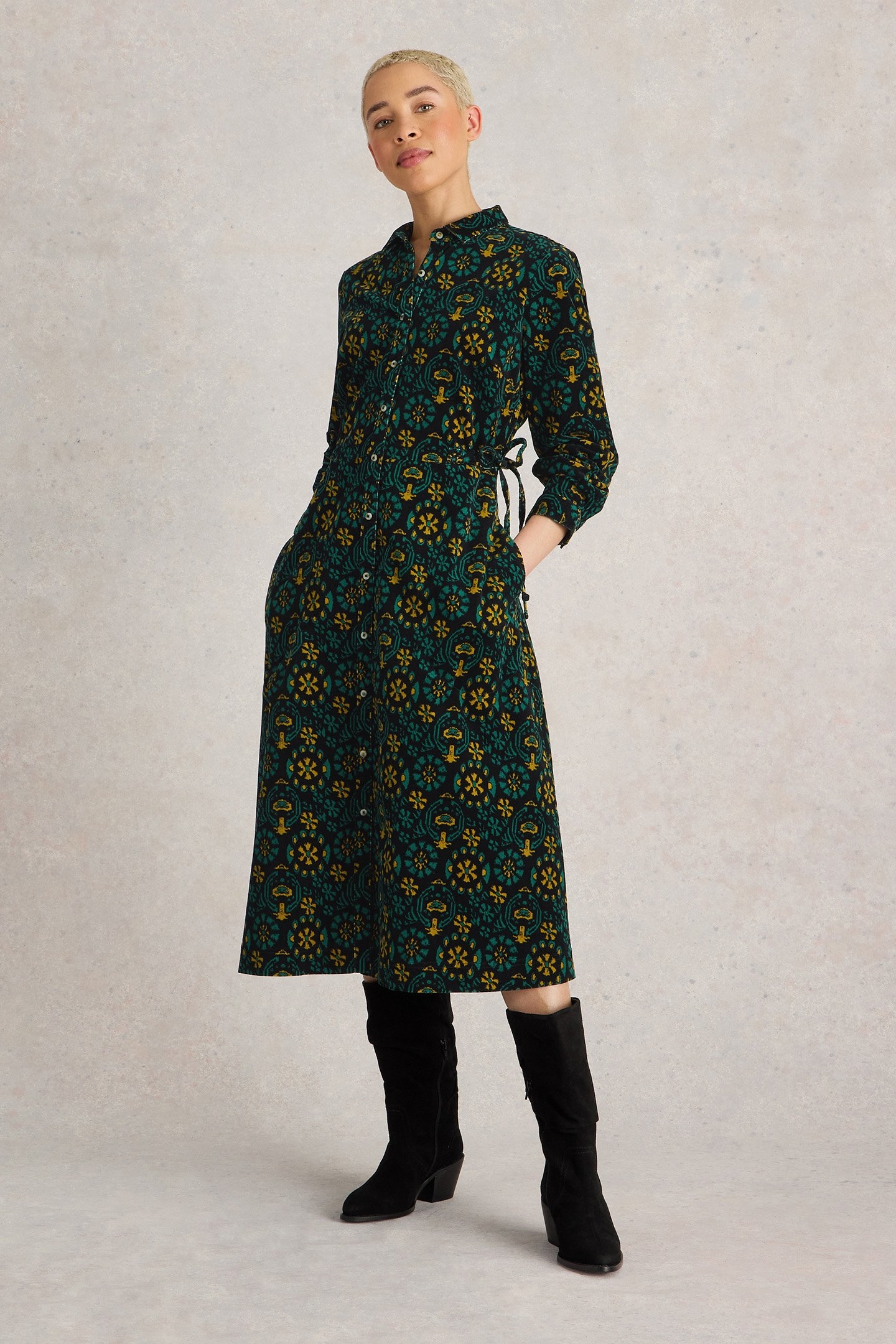 JADE CORD SHIRT DRESS BLACK PRINT 1