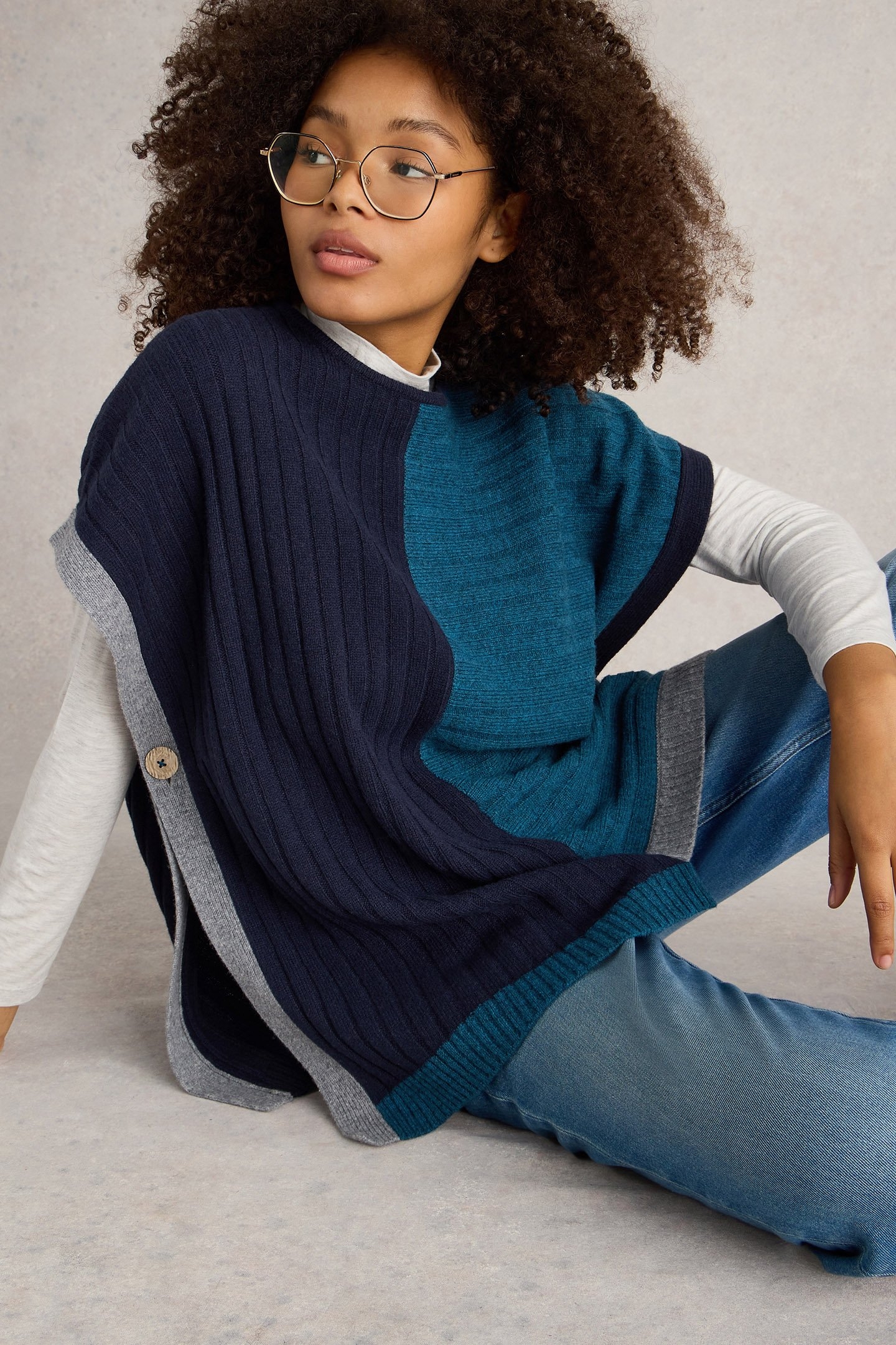 ASH KNITTED STEP HEM PONCHO TEAL MULTI 2