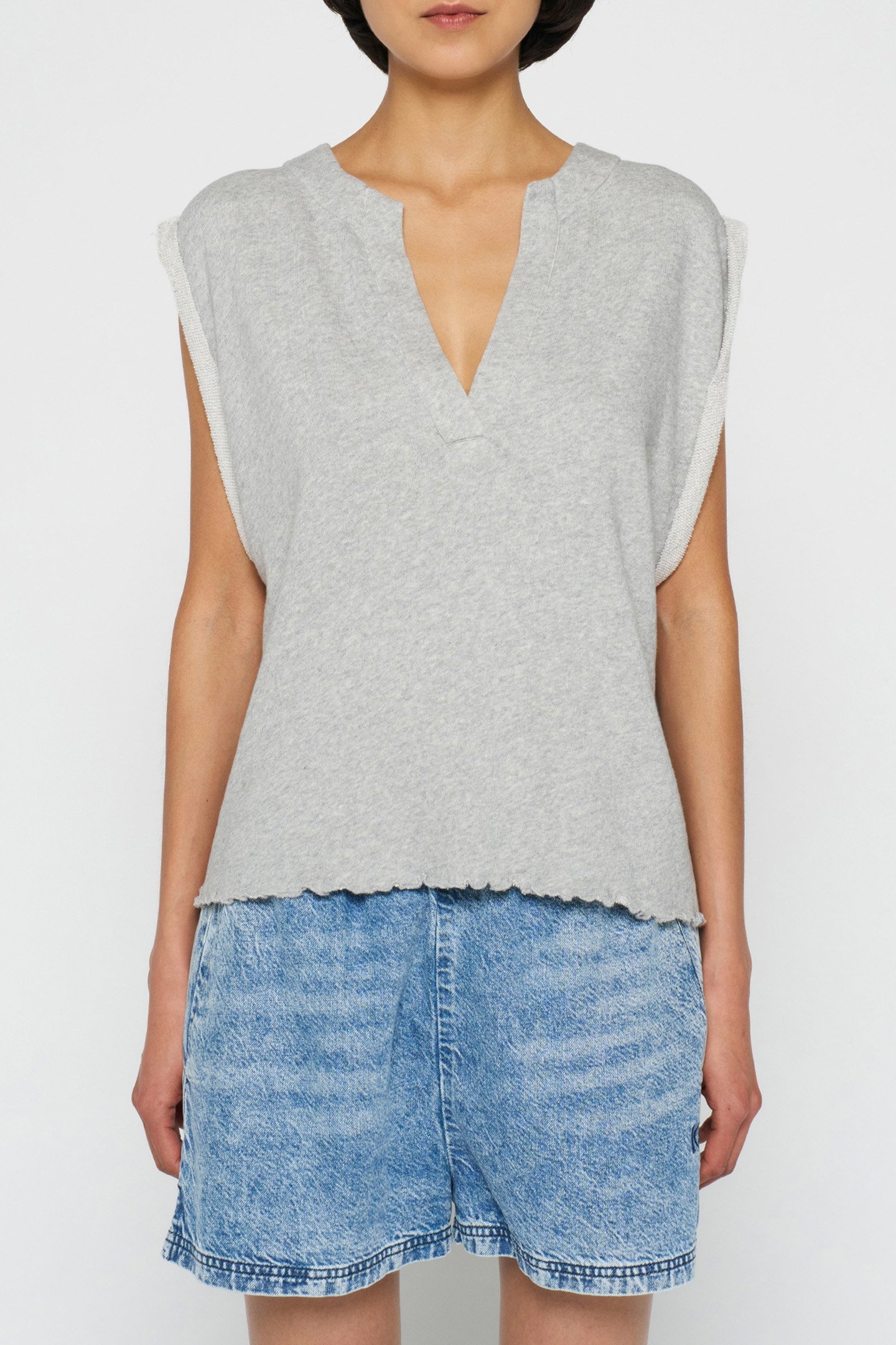 V-NECK TOP FLEECE LIGHT GREY MELEE 1
