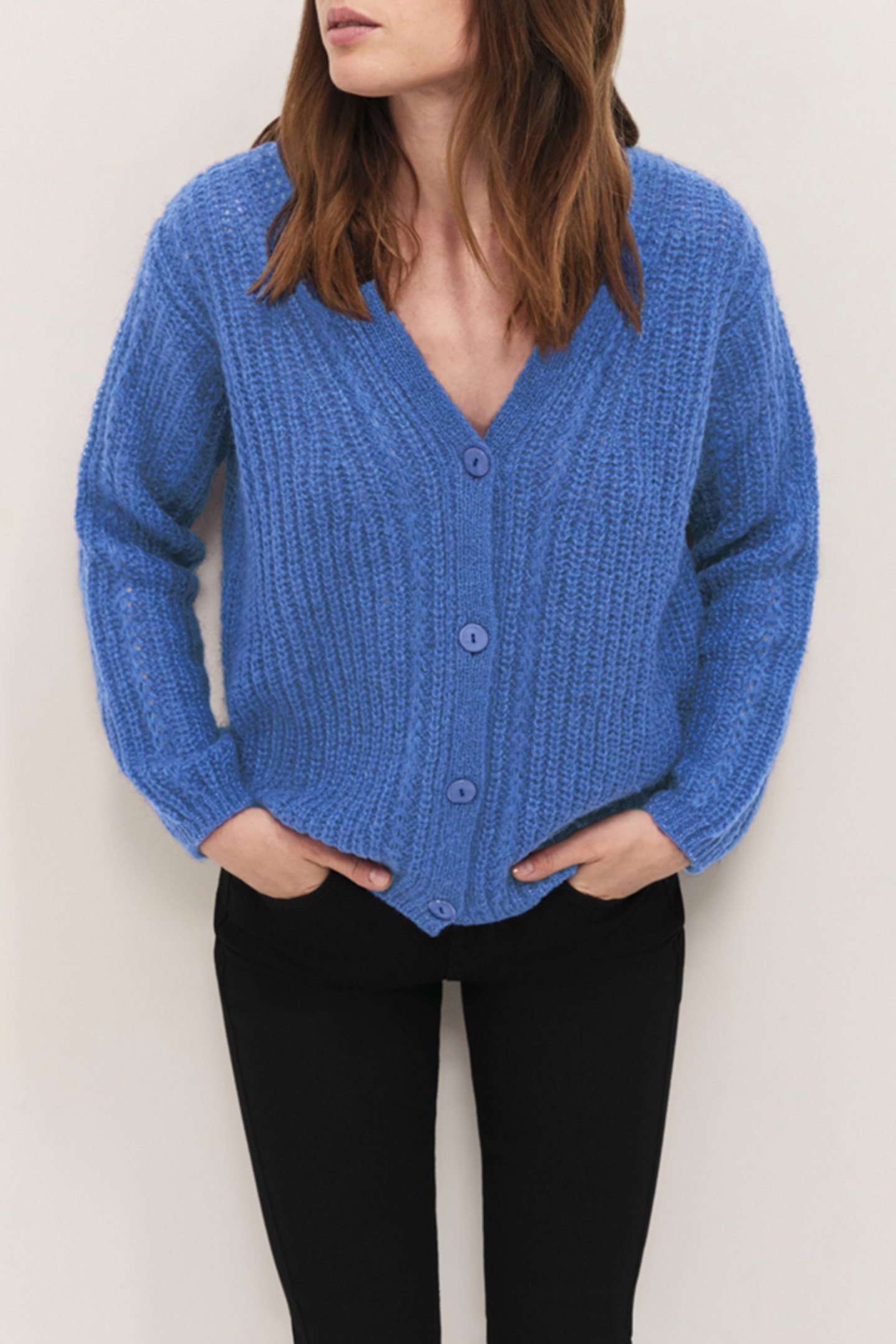 TIM - CELESTE BLUE KNITTED DEEP V-NECK CARDIGAN 1