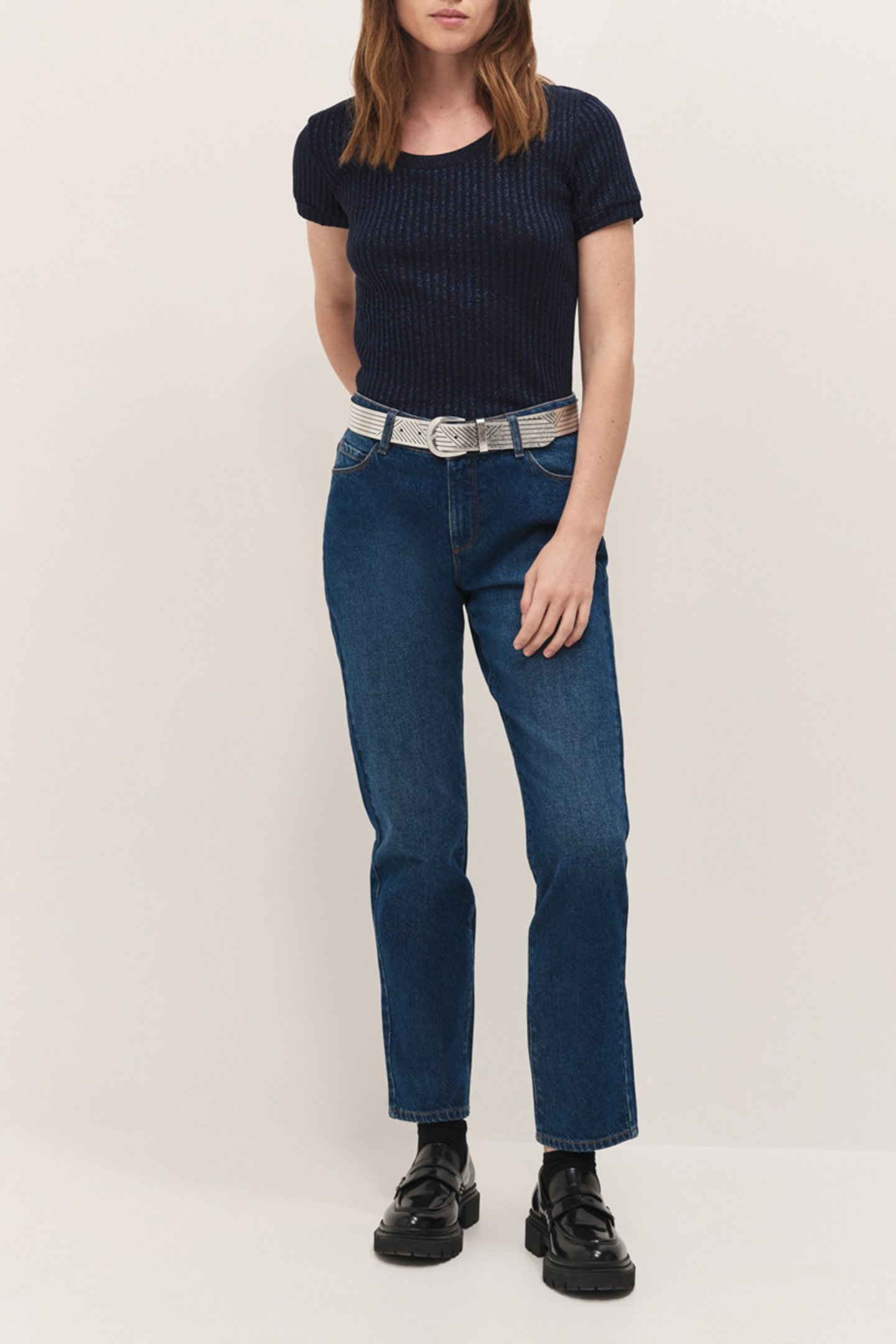 MILESI - NAVY RIBBED LUREX MESH T-SHIRT, SHORT SLEEVES 2