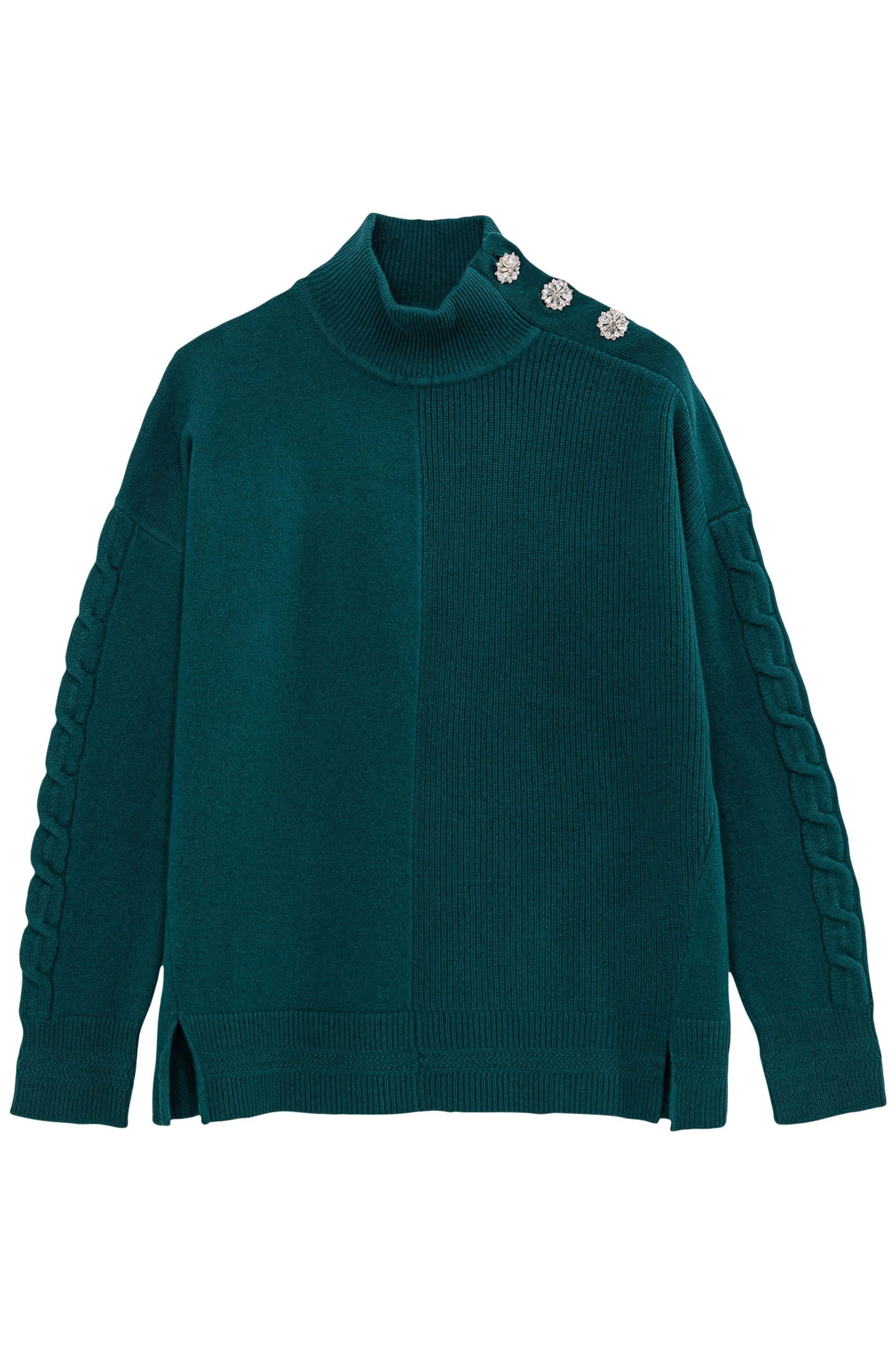 EMERALD KNIT SWEATER STAND-UP COLLAR RHINESTONE BUTTONS WOME 1