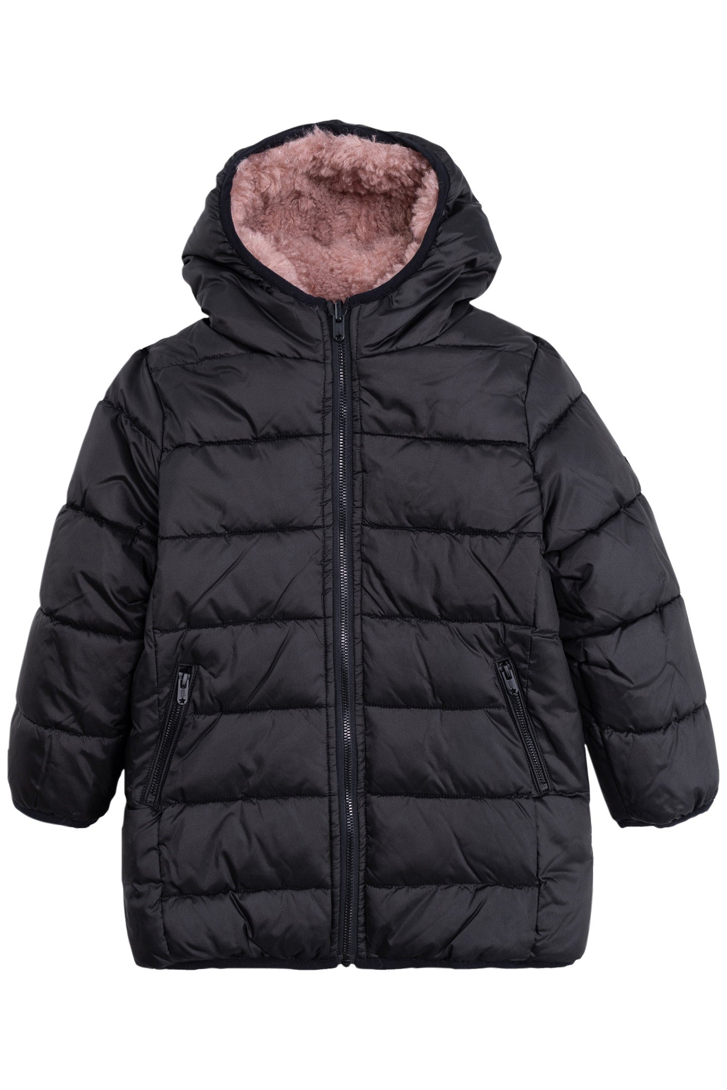 GIRL'S LONG REVERSIBLE BLACK AND PINK SHERPA JACKET 1