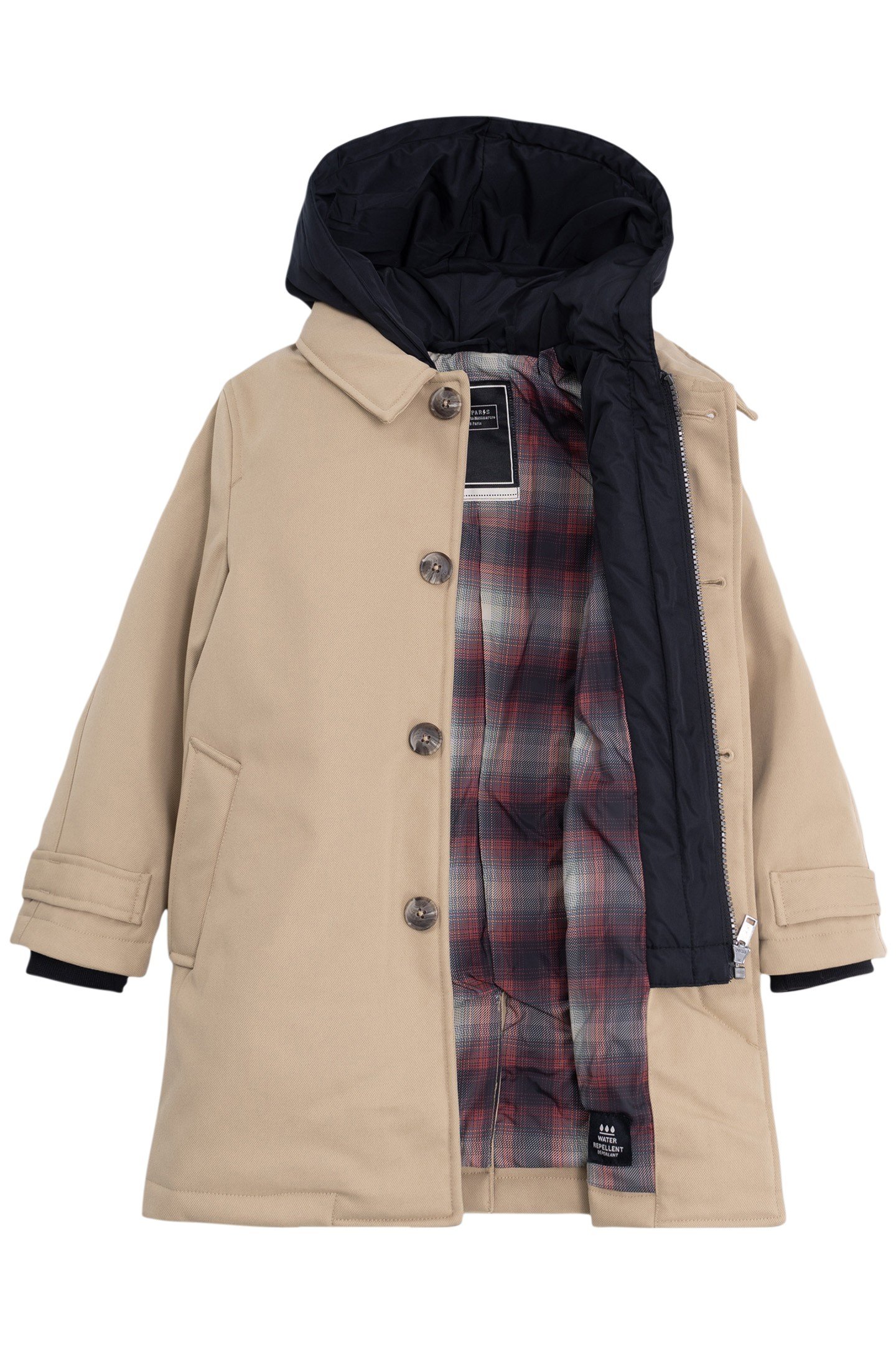 BEIGE TRENCH COAT WITH BOY'S HOODED TRIM 3