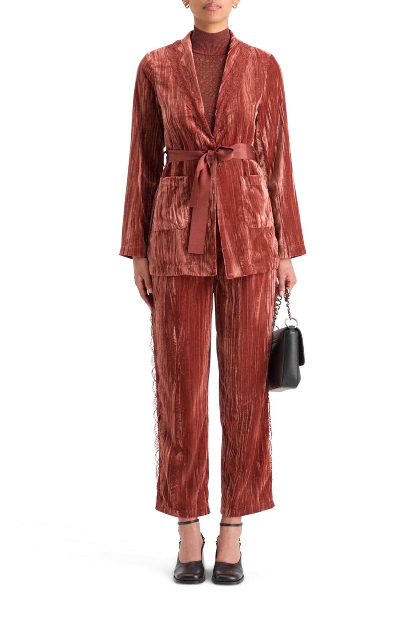LACE TRIMMED VELVET PYJAMA BLAZER RUST 3