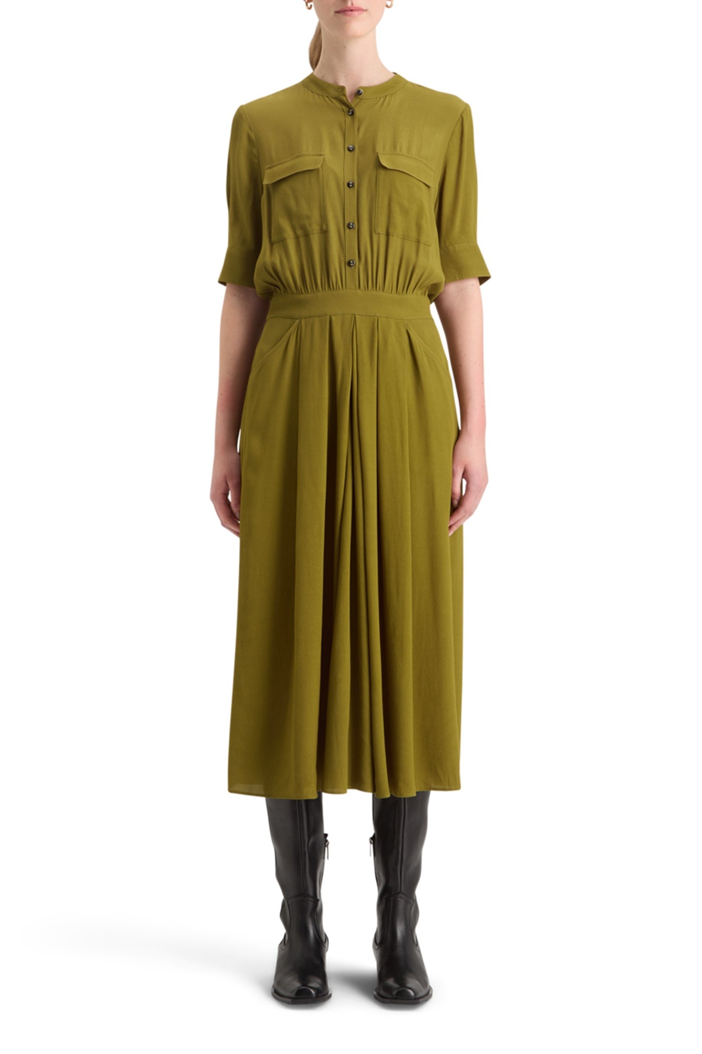 CREPE MIDI DRESS WITH CHEST POCKETS OLIVE 1