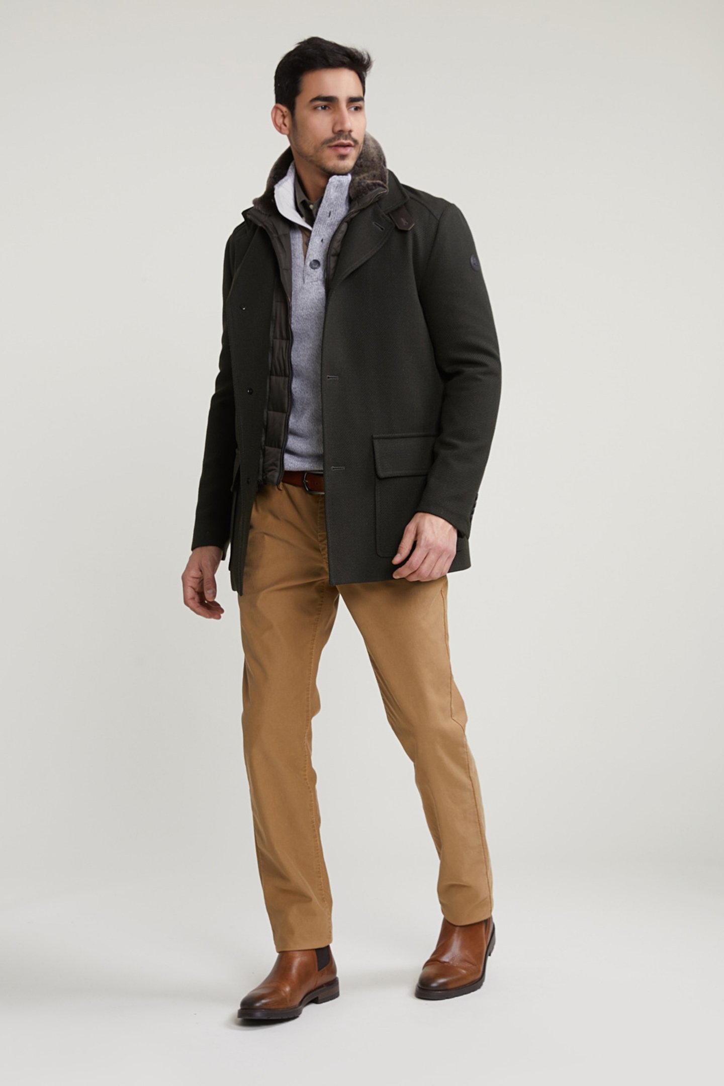 COAT VIRGIN WOOL/COTTON DETACHABLE FUR COLLAR KHAKI 3