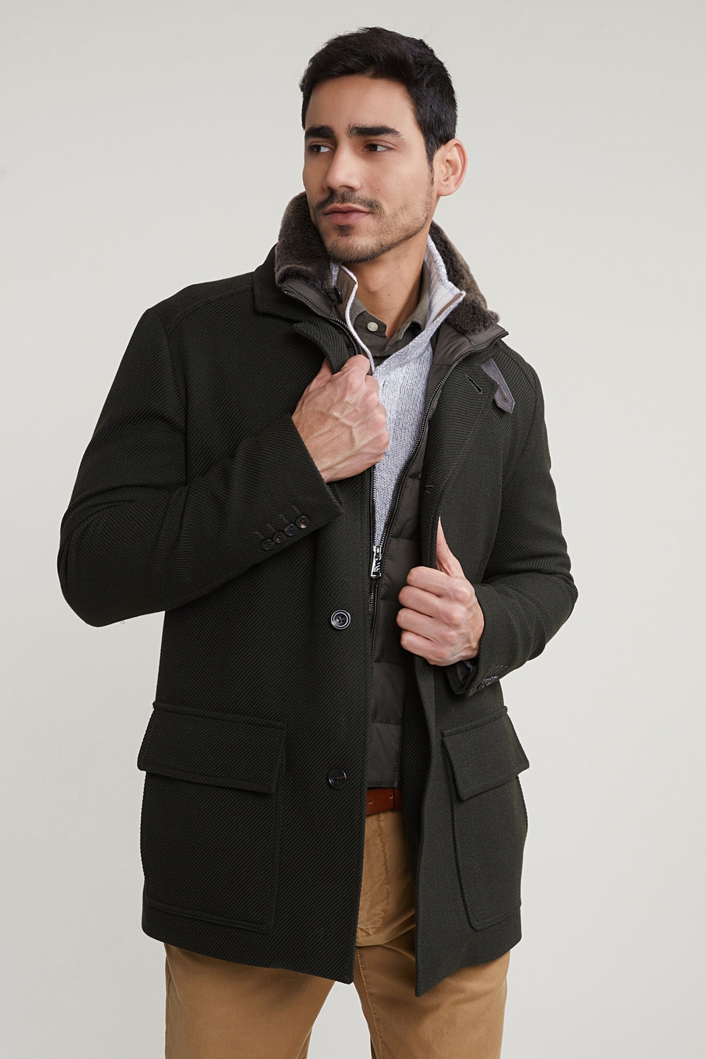 COAT VIRGIN WOOL/COTTON DETACHABLE FUR COLLAR KHAKI 4