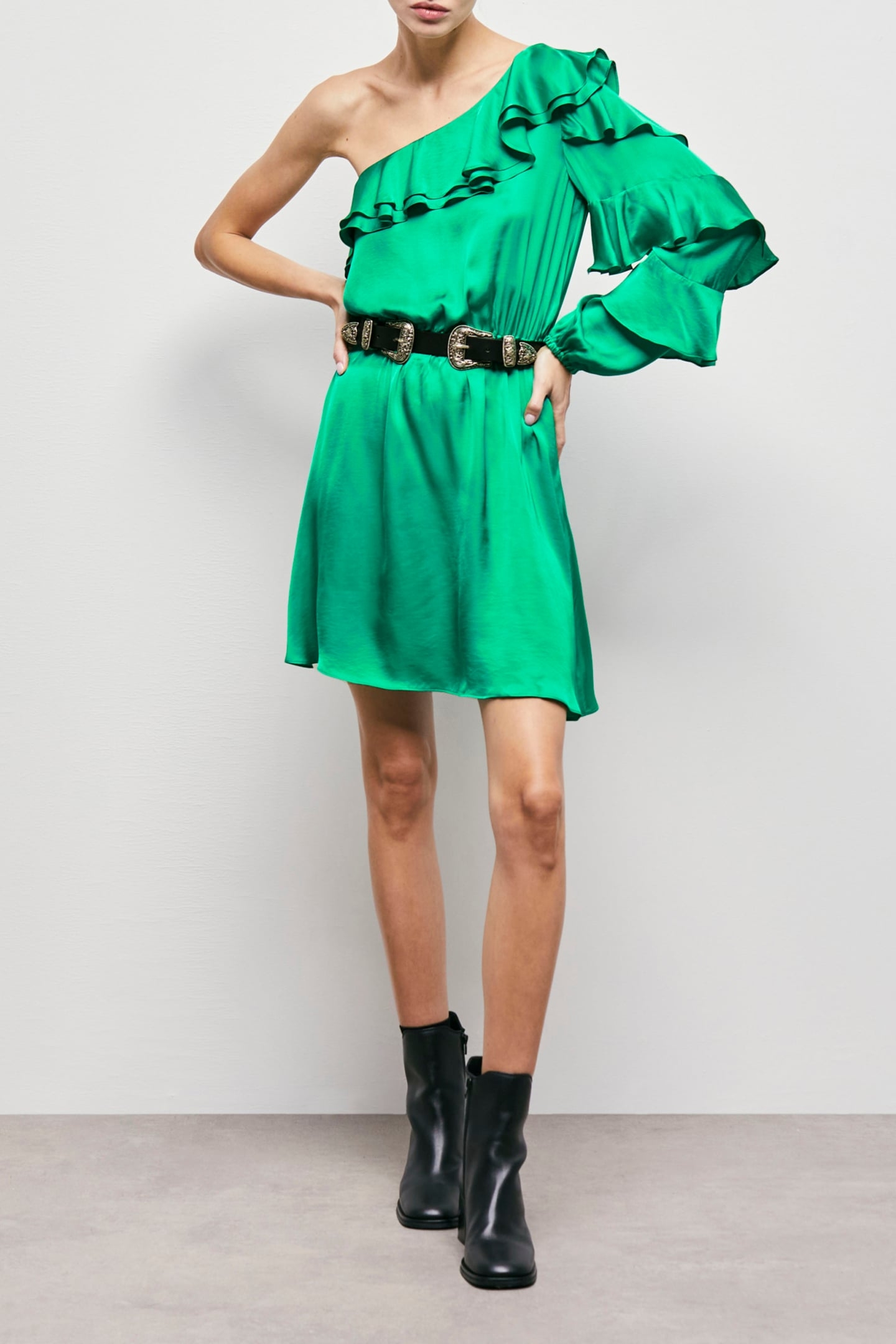 SHOULDER DRESS WITH LONG SLEEVES AND RUFFLES GREEN 4