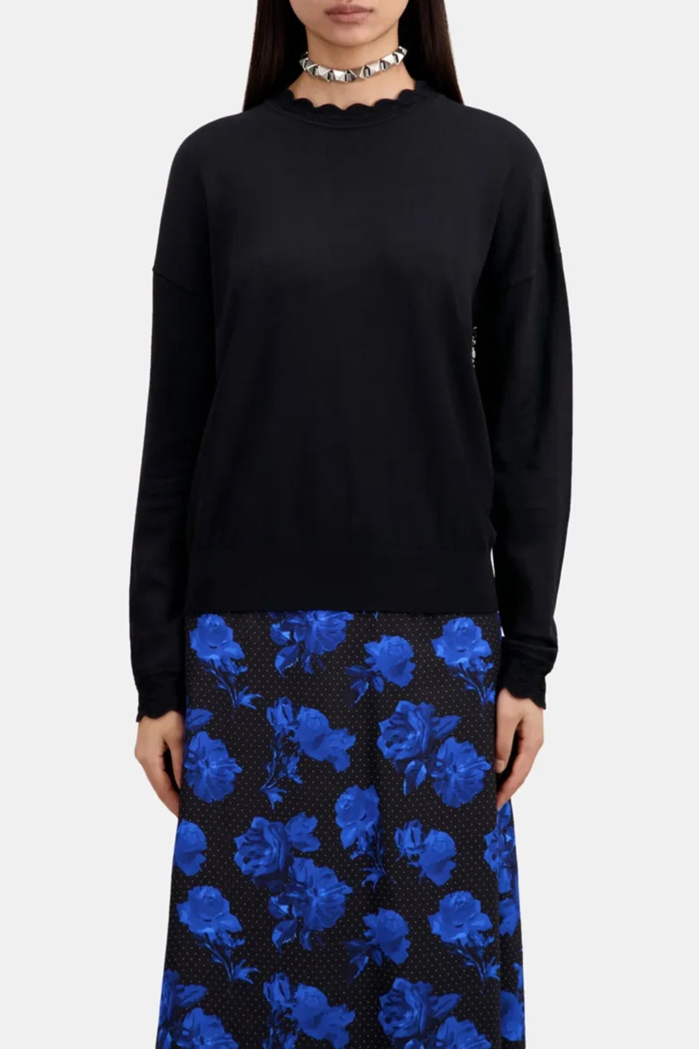 ROUND NECK SWEATER WITH LACE BACK BLACK 1