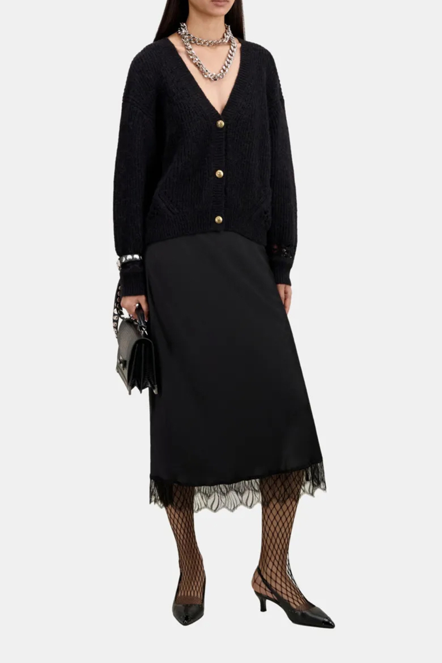 PEARL AND POINTELLE RIB CARDIGAN BLACK 4