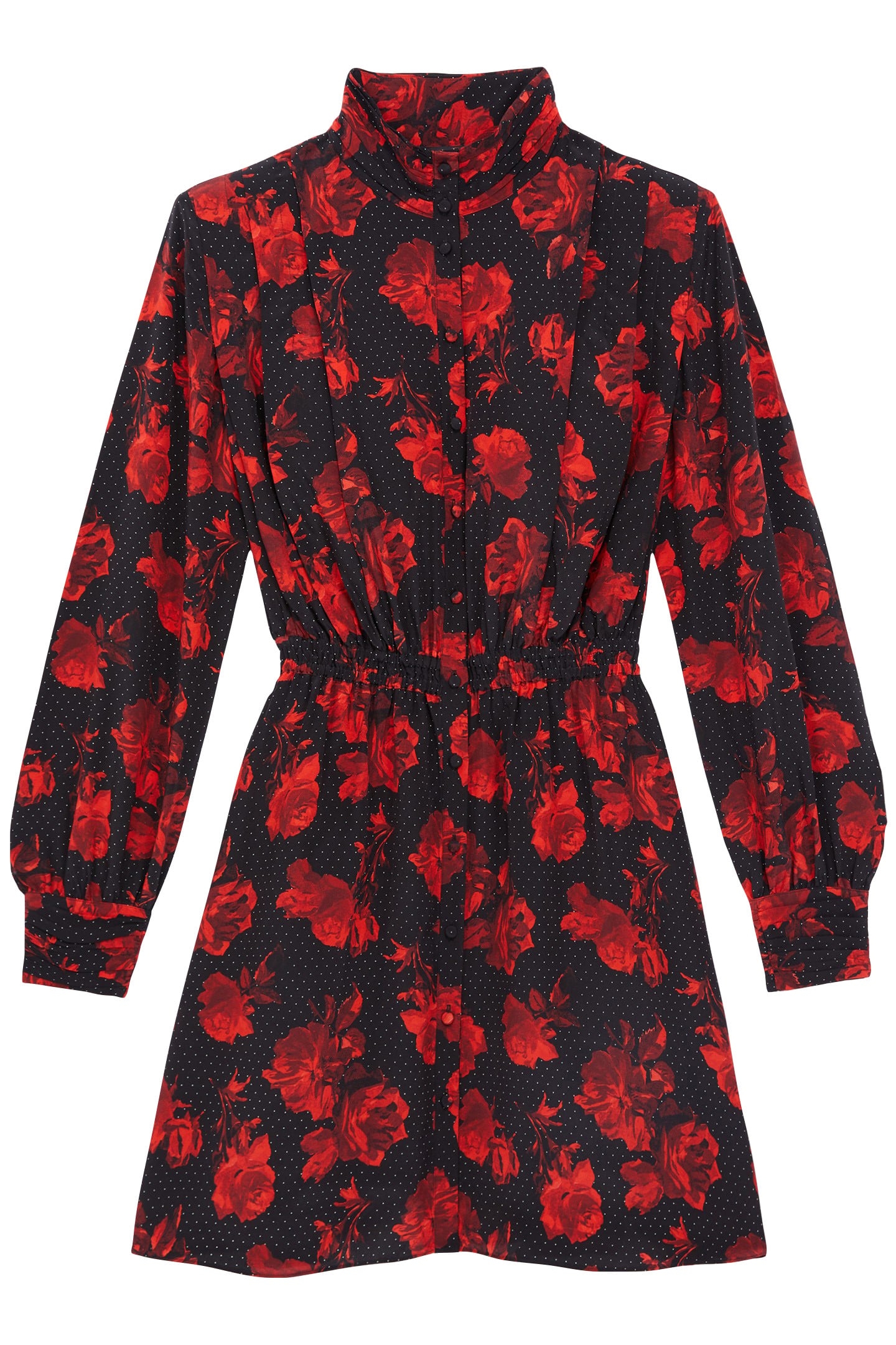 SHORT DRESS WITH BUTTONED PLEATED HIGH NECK BLACK-RED 3