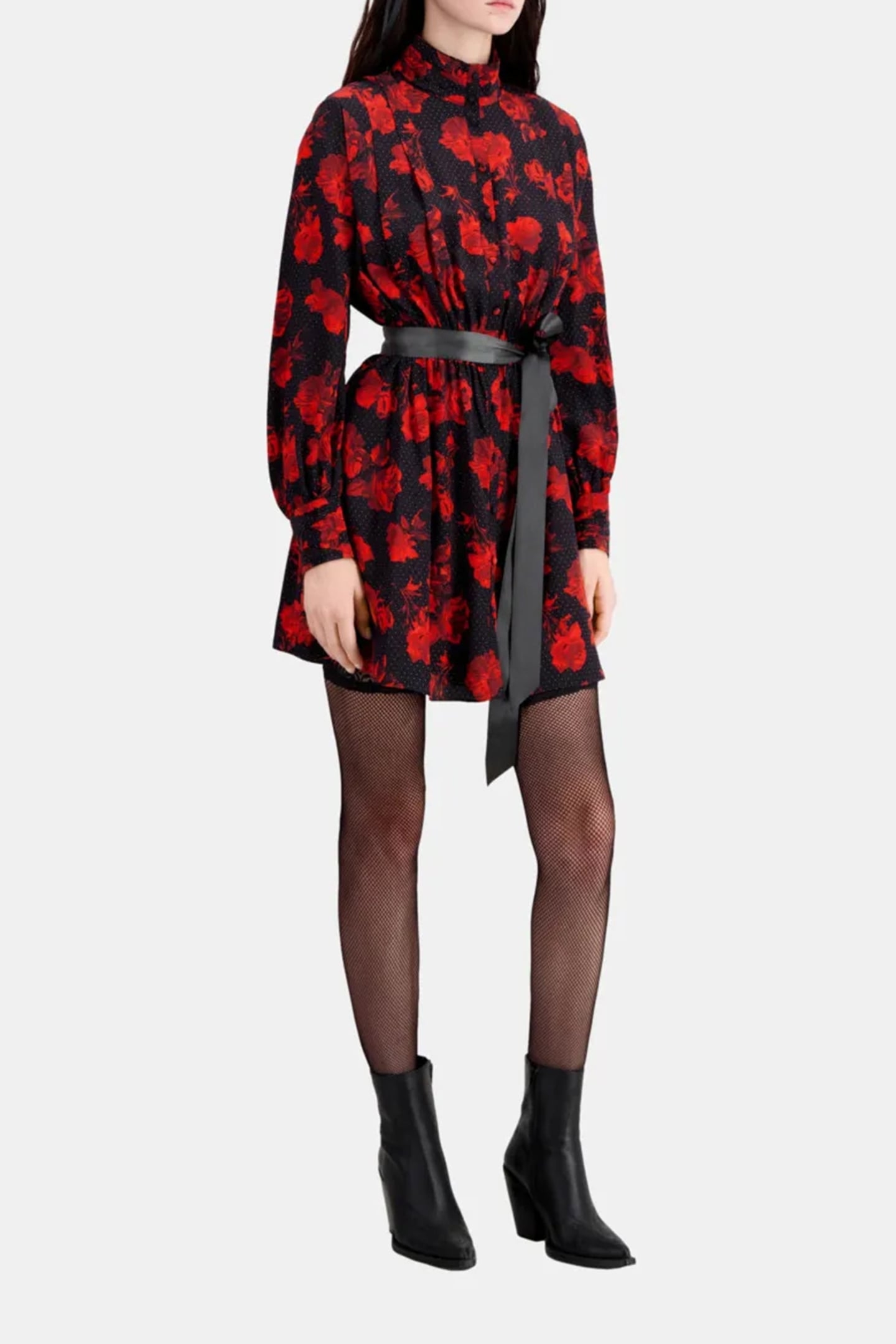 SHORT DRESS WITH BUTTONED PLEATED HIGH NECK BLACK-RED 1