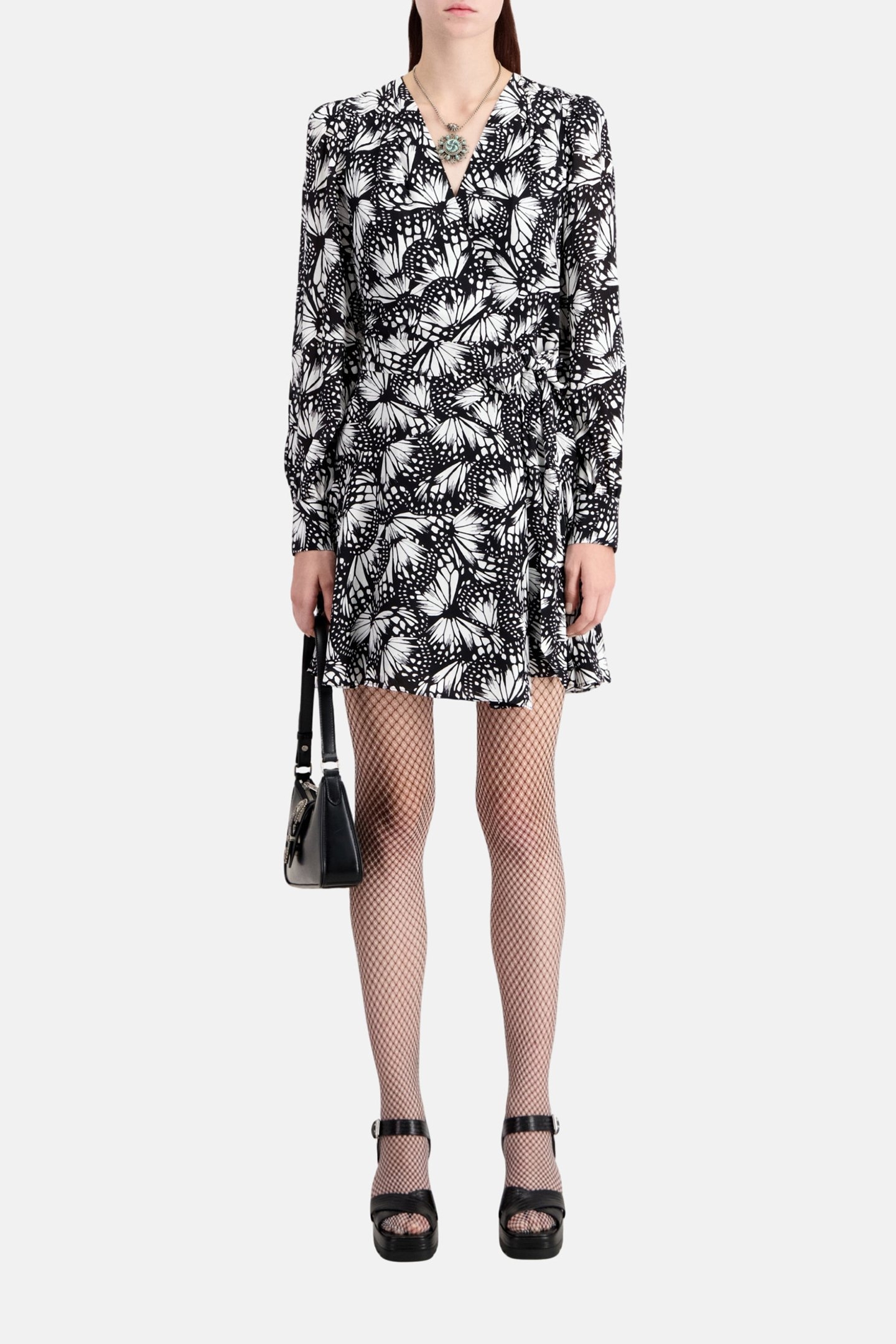 SHORT WRAP DRESS WITH LONG SLEEVES BLACK WHITE 2