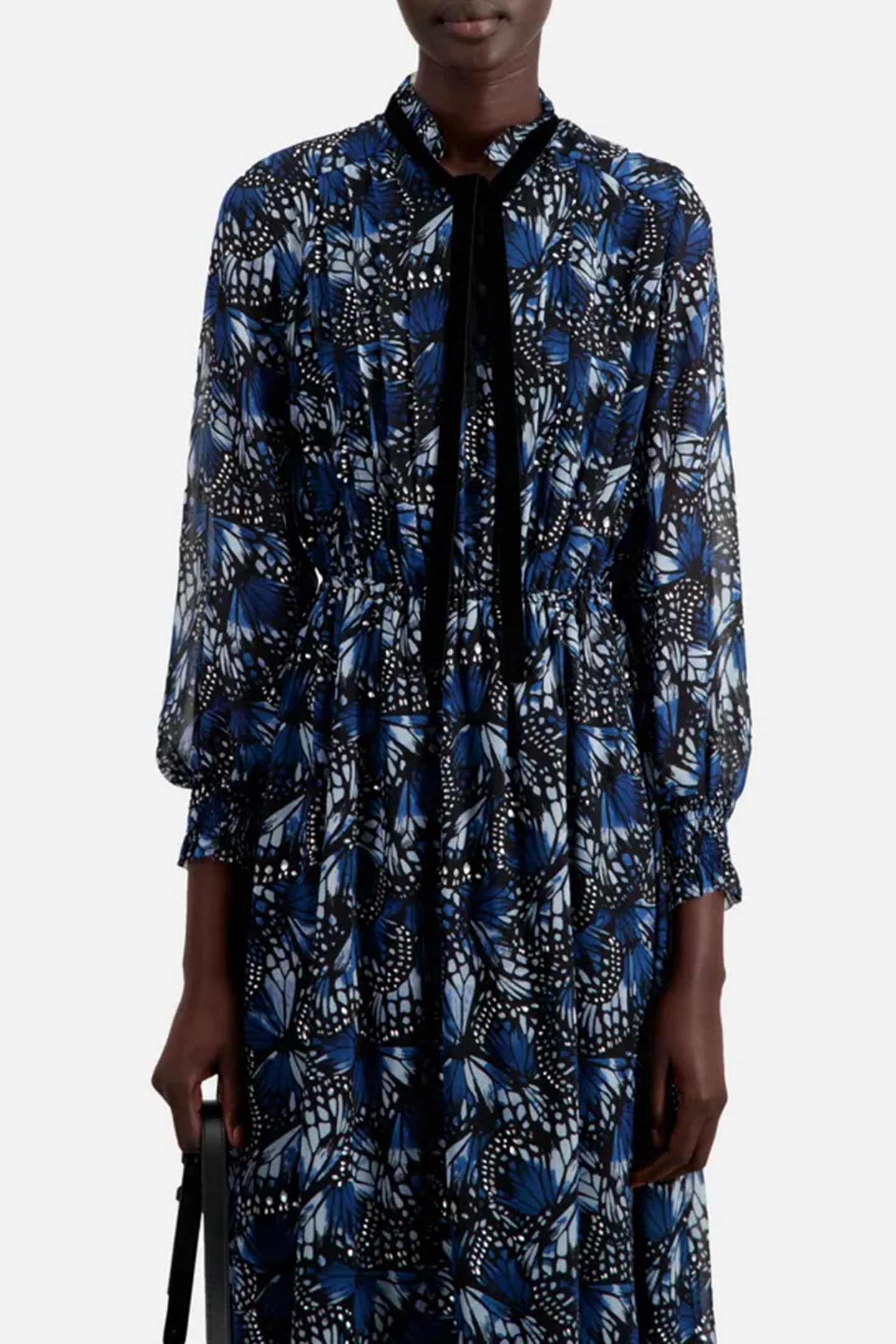 LONG DRESS ML BUTTONED NECKLINE VELVET TRIM BLUE 3