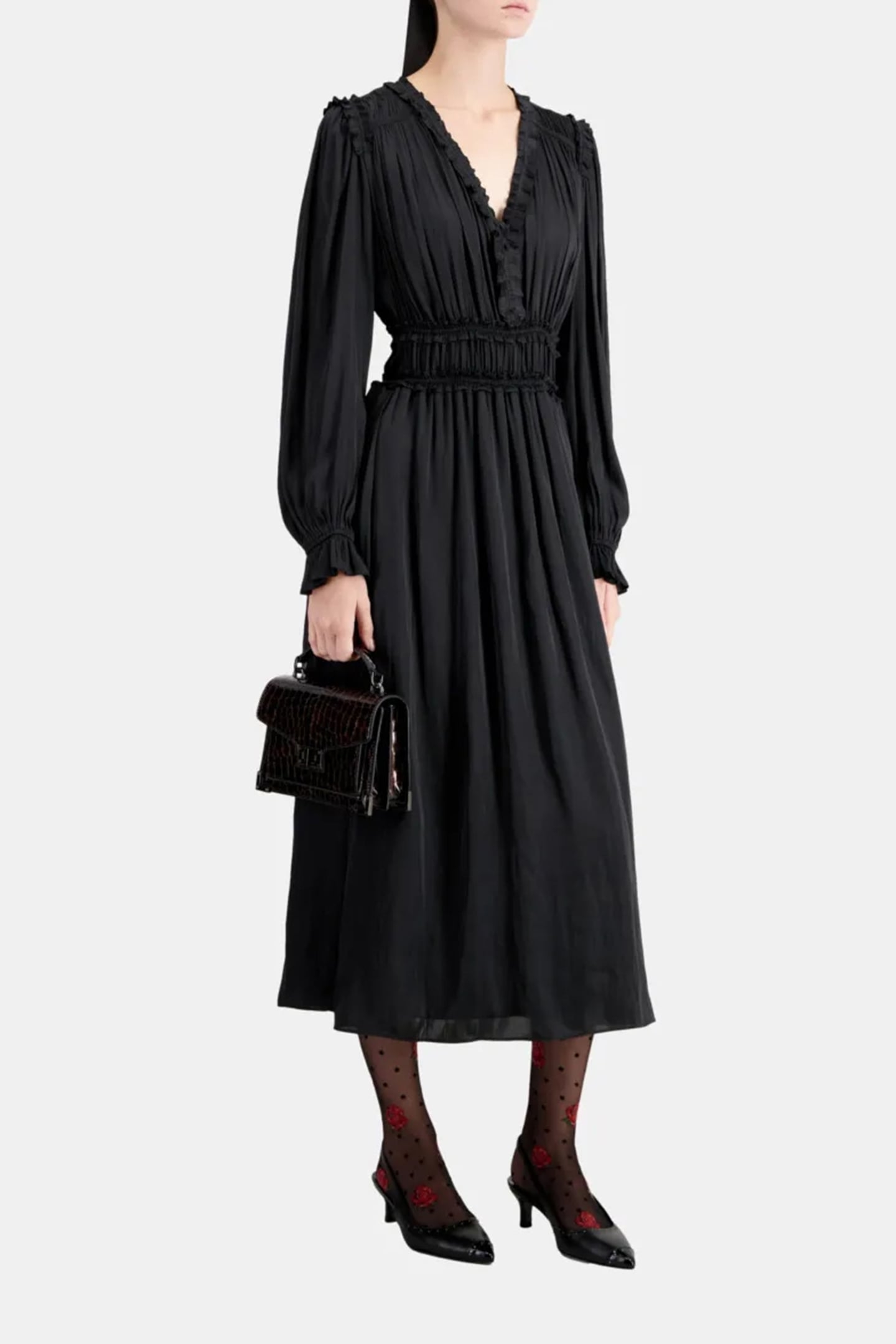 LONG V-NECK DRESS WITH FRILLS BLACK 4