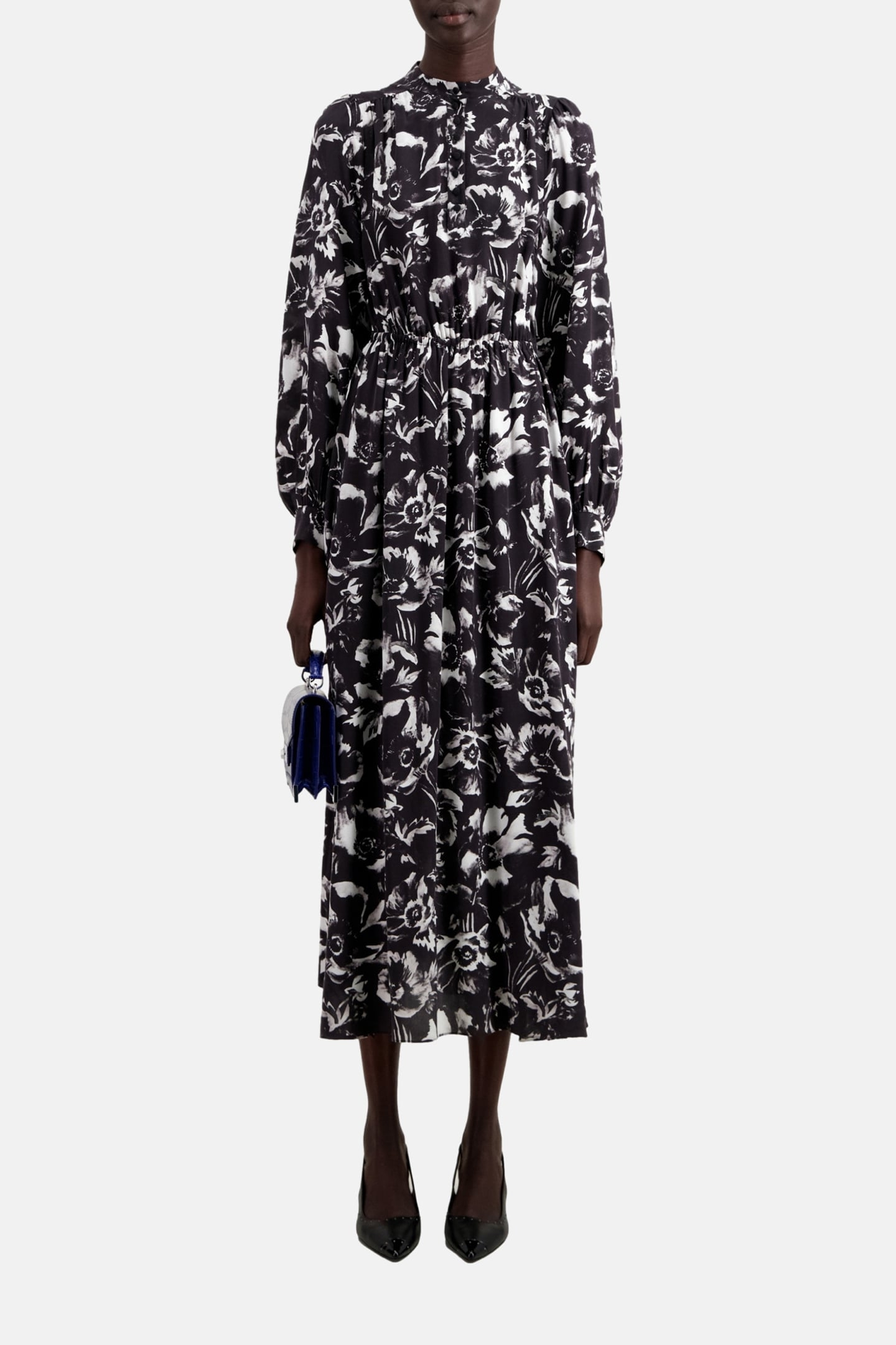 LONG DRESS ML ELASTICATED WAIST V-NECK BLACK WHITE 1