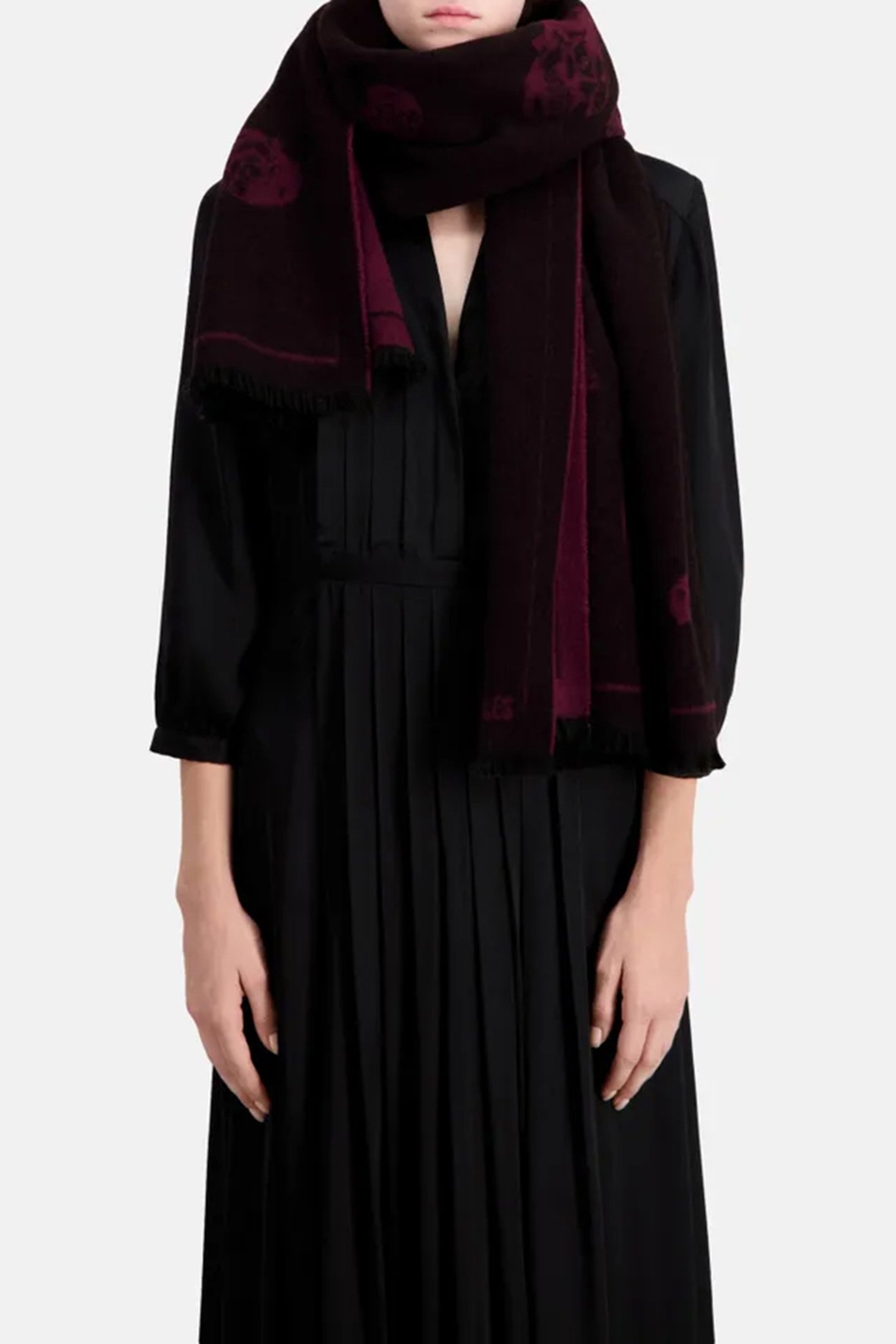 WOOL SCARF WITH SKULL PATTERN BLACK-BORDEAUX 2